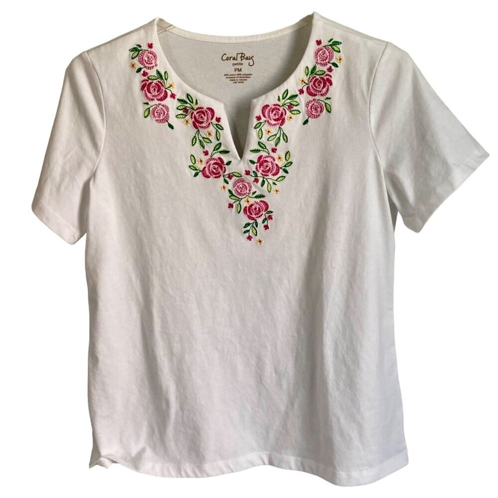 Coral Bay Floral Embroidered Notch Neck Short Sleeve Top Women's Petite Medium